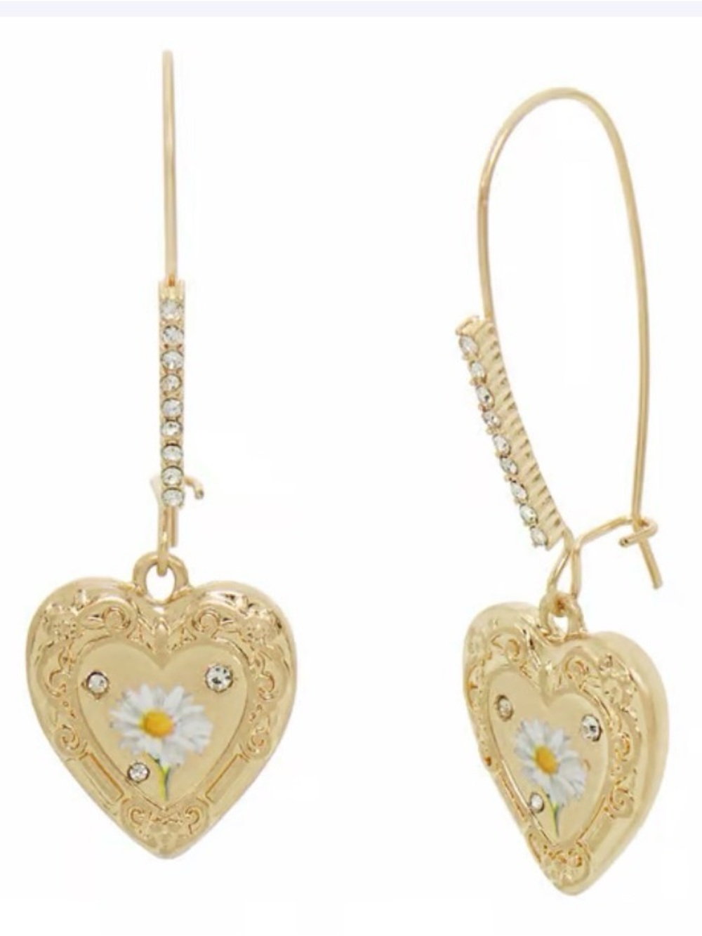 NWT Betsey Johnson Sweetheart Daisy Heart Locket Dangle Earrings Gold Pave